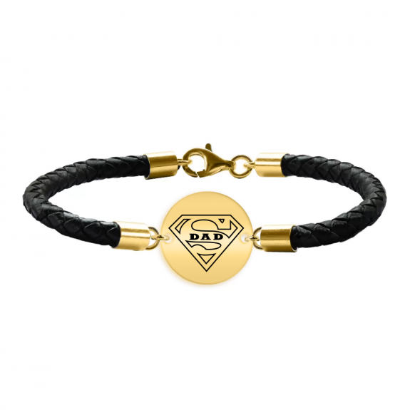 Bratara argint banut 16 mm si piele impletita - personalizata cu text - placat cu aur galben de 24 karate